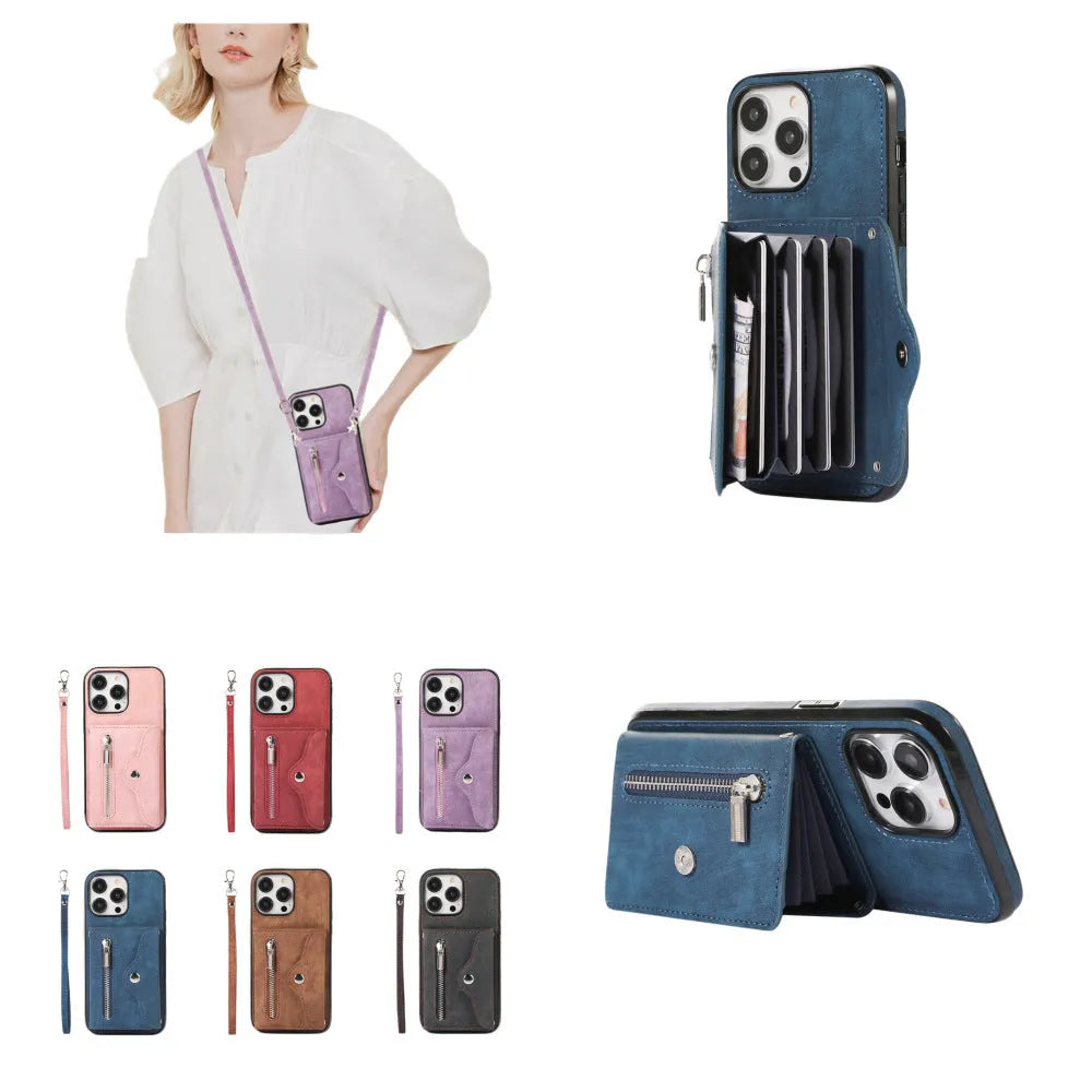 Blue phone case crossbody sleeve with card holder and short rope strap