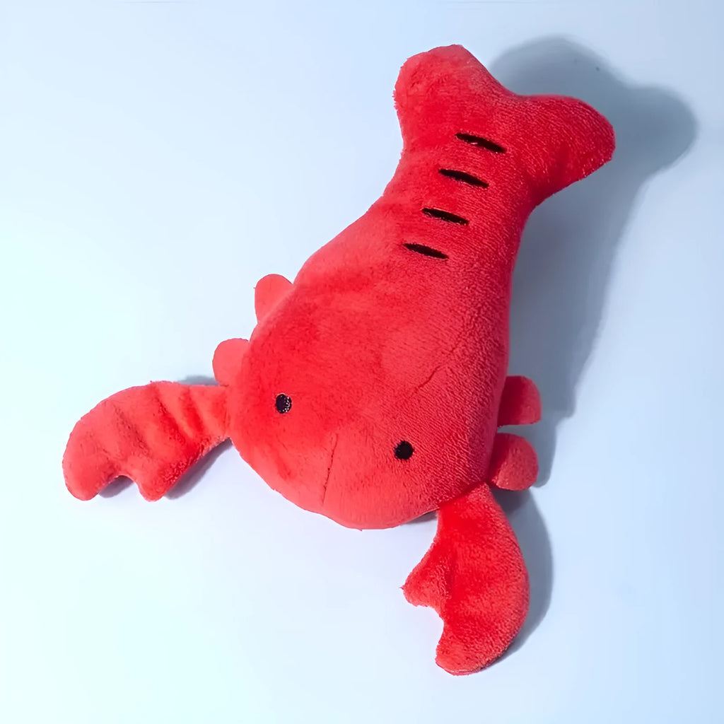Red lobster-shaped squeaky plush dog toy for small and medium breeds.