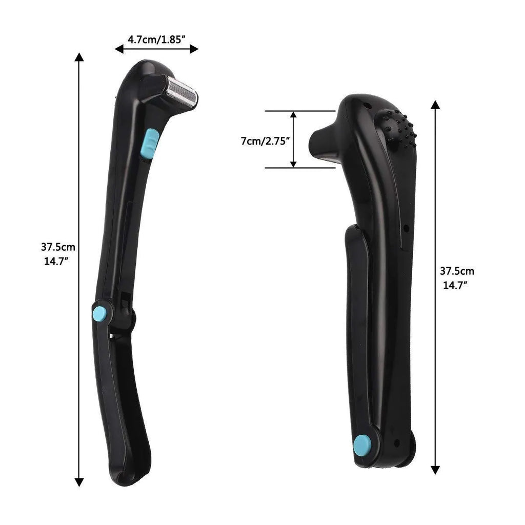 Black folding electric body shaver with battery compartment and compact folded design