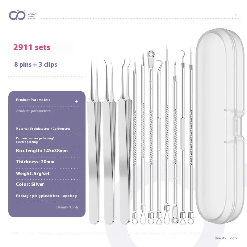 Four silver metal acne needles with ultra-fine pointed tips for skincare extraction.