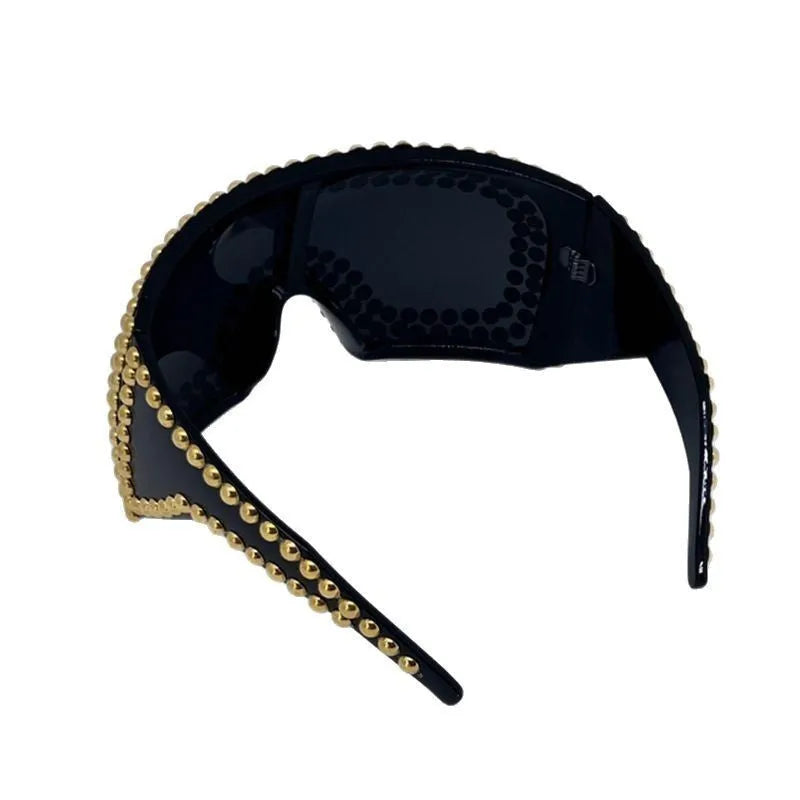 Men's large square frame punk sunglasses in silver and gold colours with rivet details