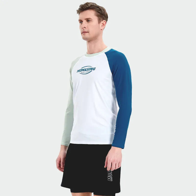 Men's long-sleeved swimsuit with white top and matching swim trunks for beach sports