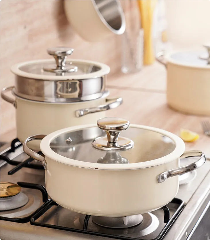 Beige 304 stainless steel double bottom soup pot set with composite glass lids