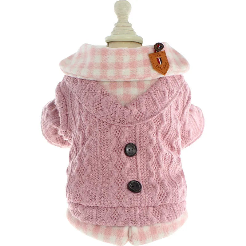 Blue wool plaid fleece-lined dog sweater faux two-piece design on small dog