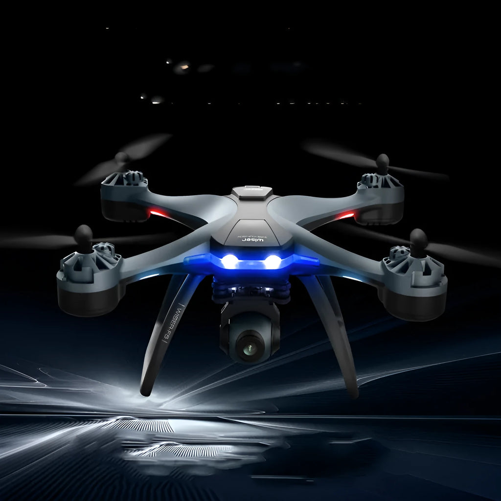 Plastic quadrocopter drone with four rotors and GPS antenna, shown with handle remote controller and spare blades