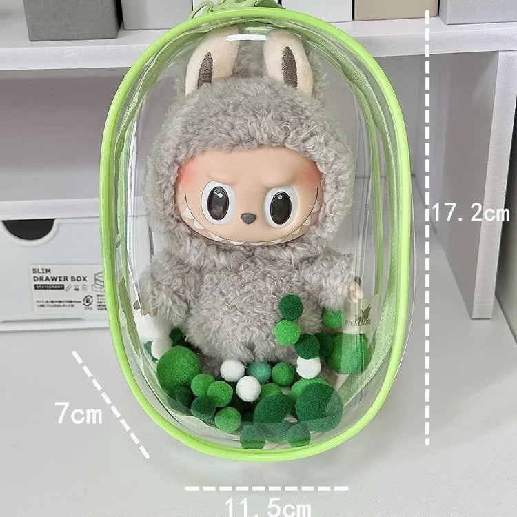 Transparent PVC cotton doll storage bag 17cm cube with keychain attachment options