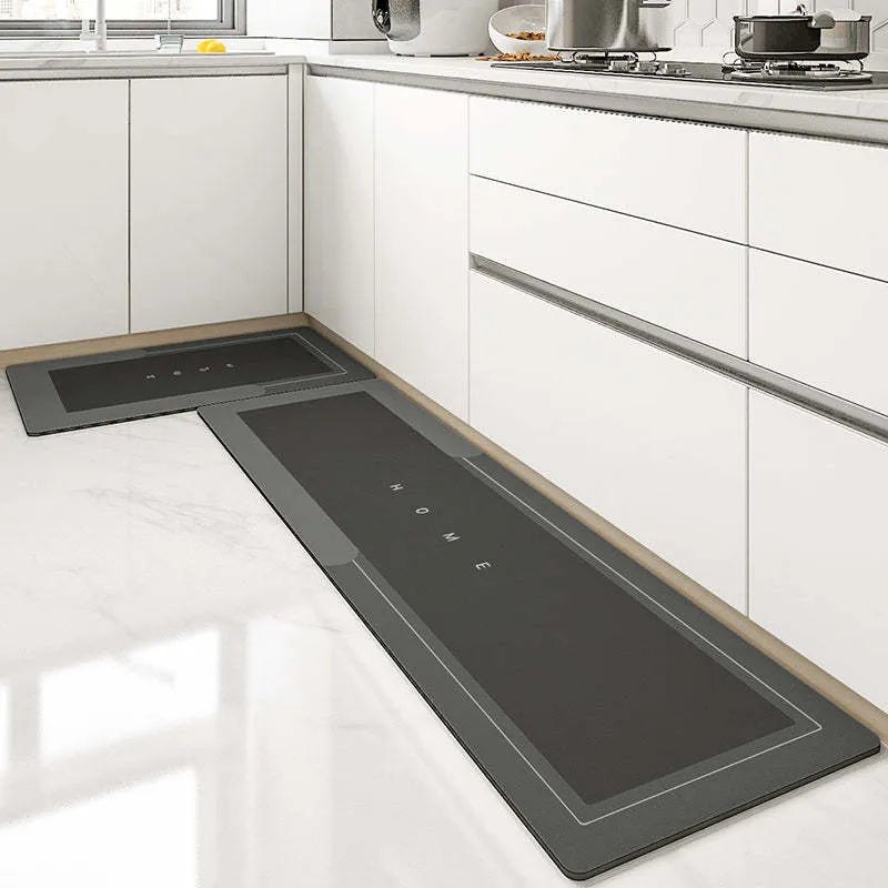 Cushioned blue oval bathroom floor mat on tiled flooring