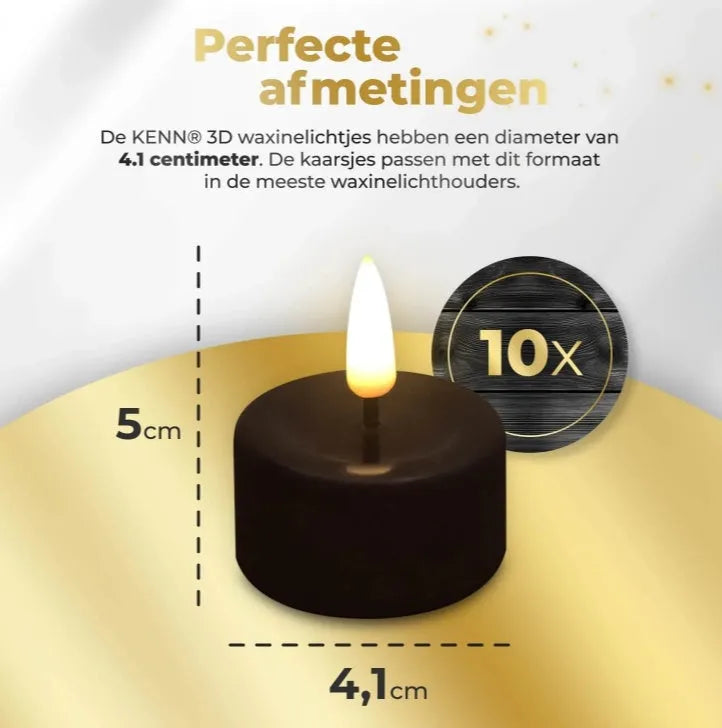 Set of four black flameless LED tealight candles showing flickering warm white glow.
