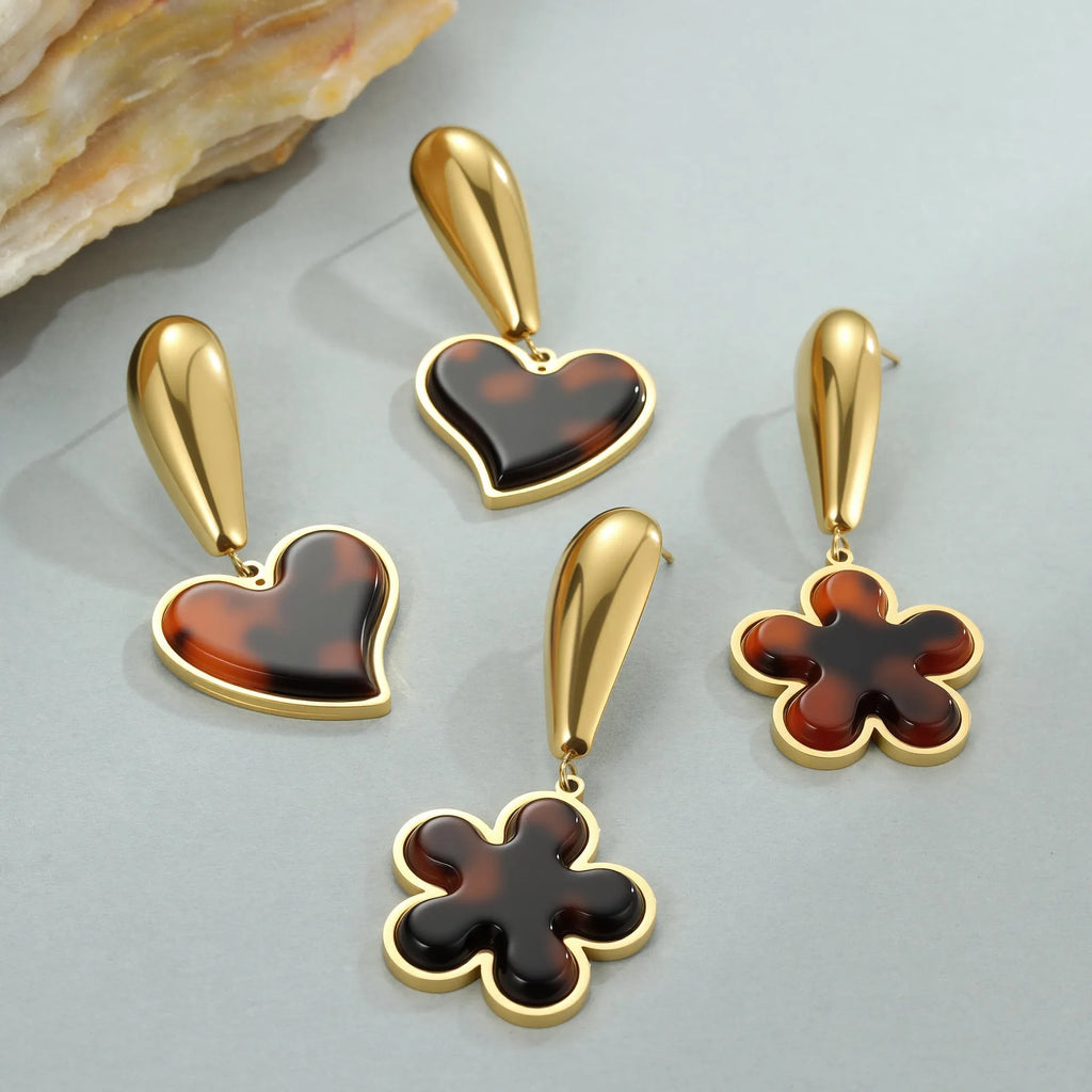 Gold-plated stainless steel earrings with tortoiseshell resin hawksbill patterns in heart and flower designs