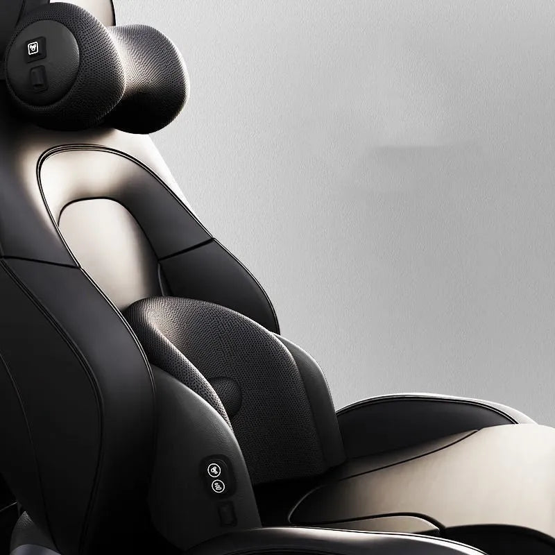 Classic black memory cotton car massage cushion shown as a headrest and lumbar support on a car seat.