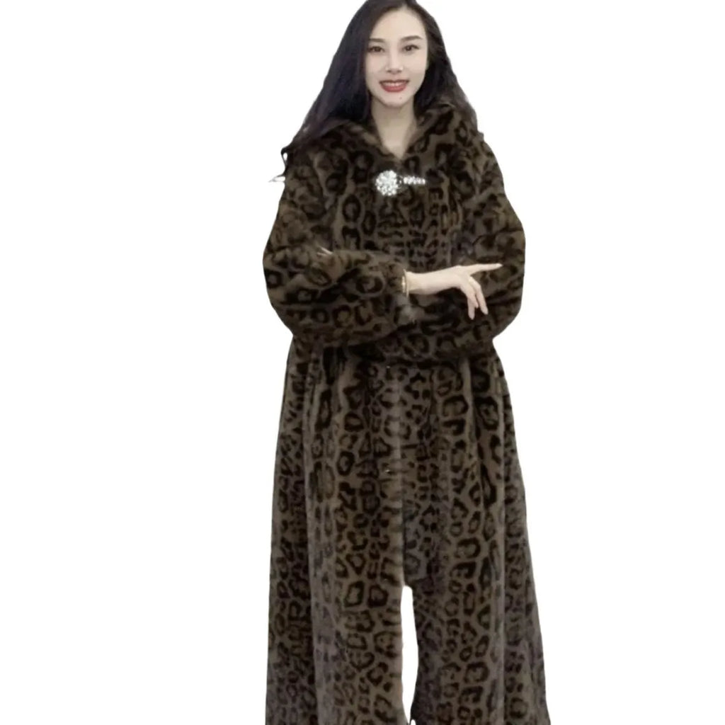 Women's plus size long faux fur coat in leopard print pattern with loose fit design