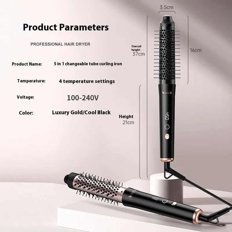 Automatic large wave hair curler appliance in rose gold or black with three headband attachments.