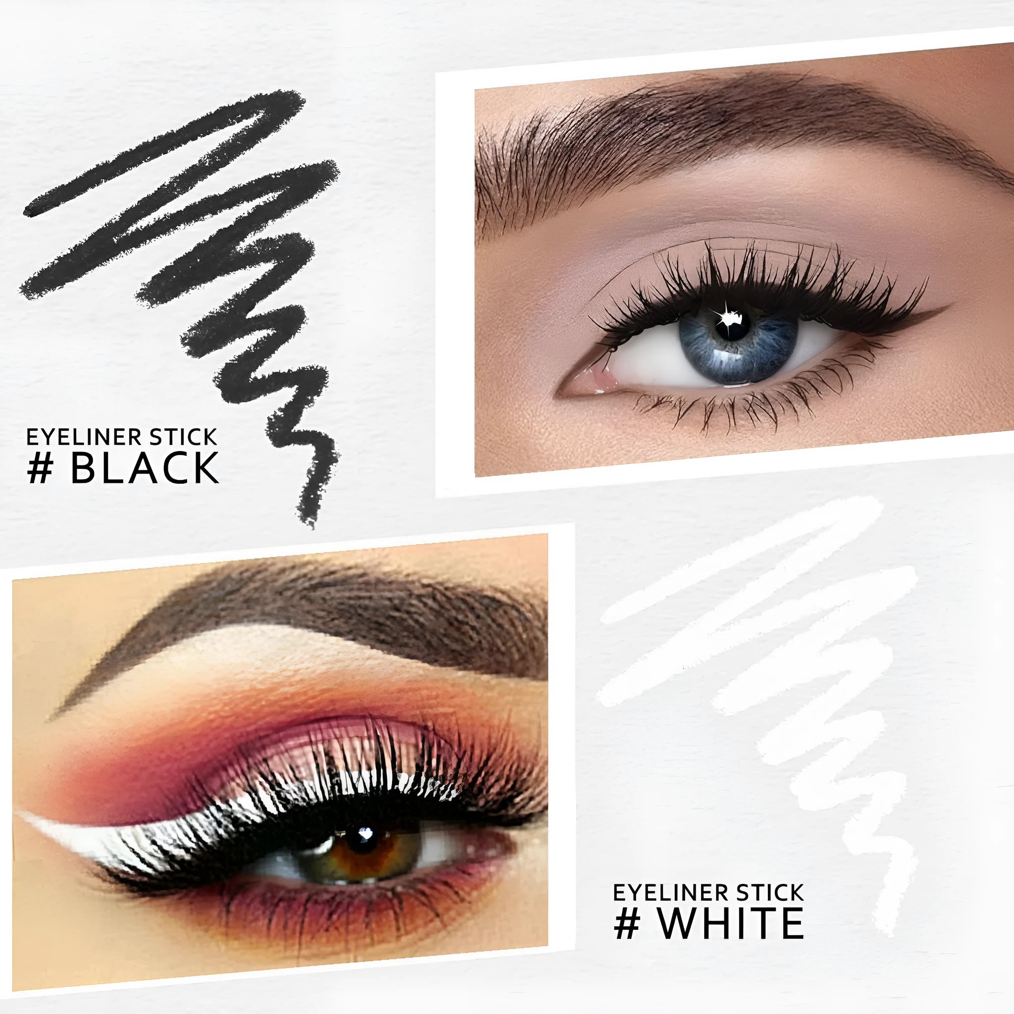 12 white and black waterproof eyeliner pencils with a sharpener arranged on a white background.