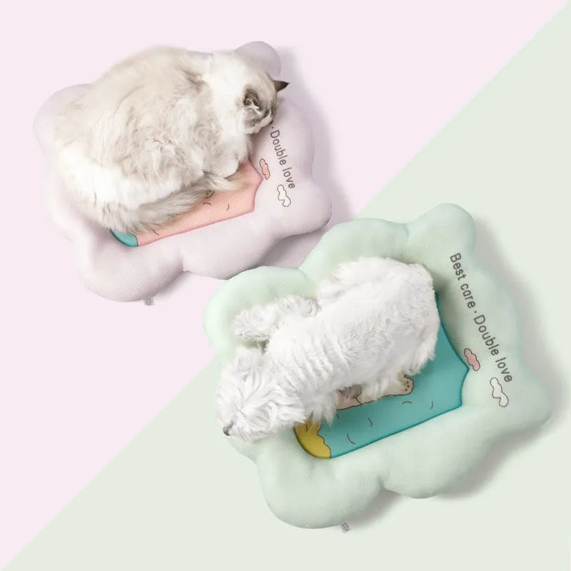 Green and pink ice silk pet cooling mat for dogs and cats shown in four different sizes.
