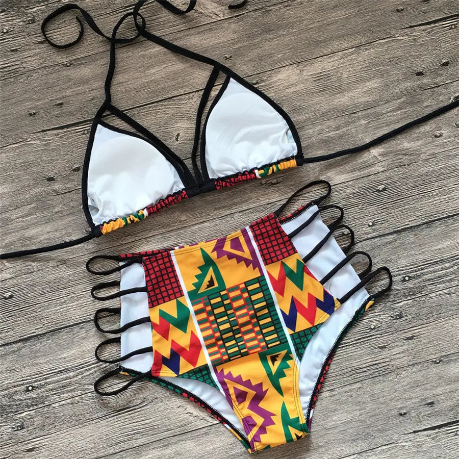 Women's digital print bikini set with high-waisted briefs and backless design