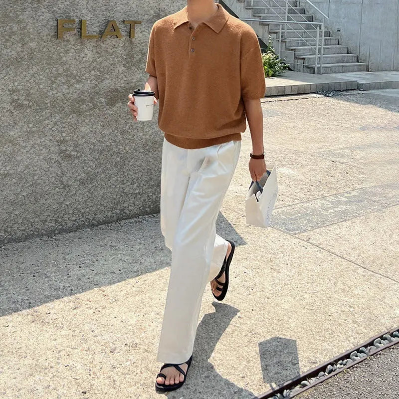 Men's retro knitted polo shirt with short sleeves and asymmetric design in caramel colour