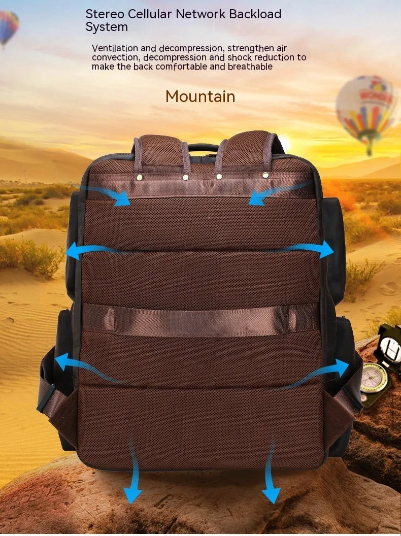 Dark brown leather backpack with 17-inch laptop compartment and multiple internal pockets