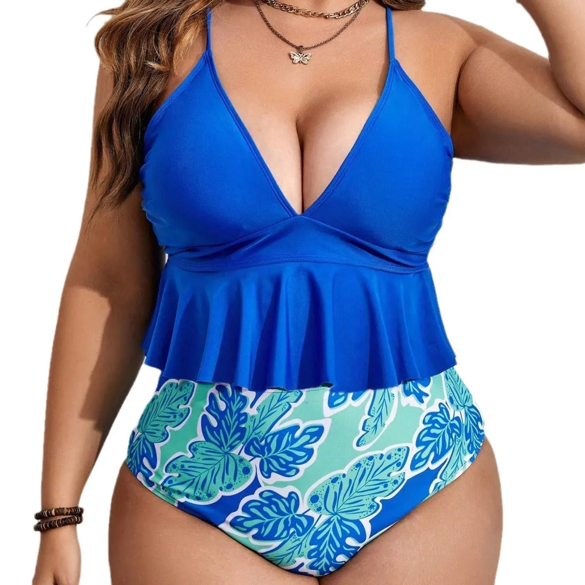 Blue polyester plus-size bikini swimsuit set with matching top and briefs in European American sizing