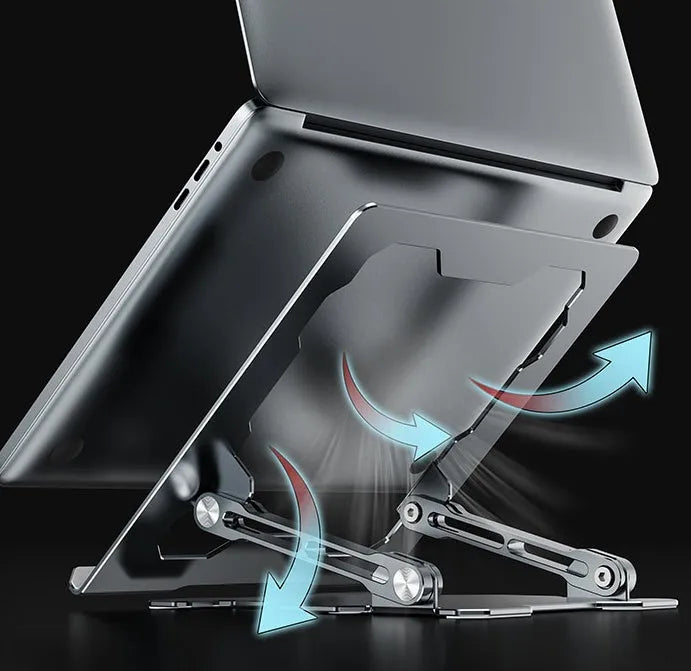 Grey adjustable aluminium laptop stand with hollow design, shown holding a silver laptop.