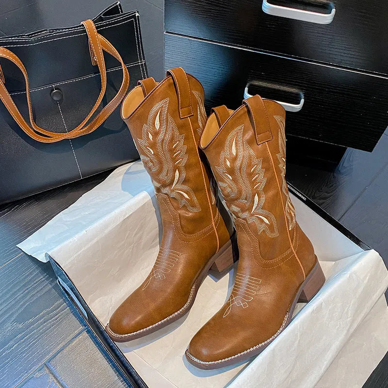 Brown women's embroidered Martin boots with mid-calf height, leather lining and square heel