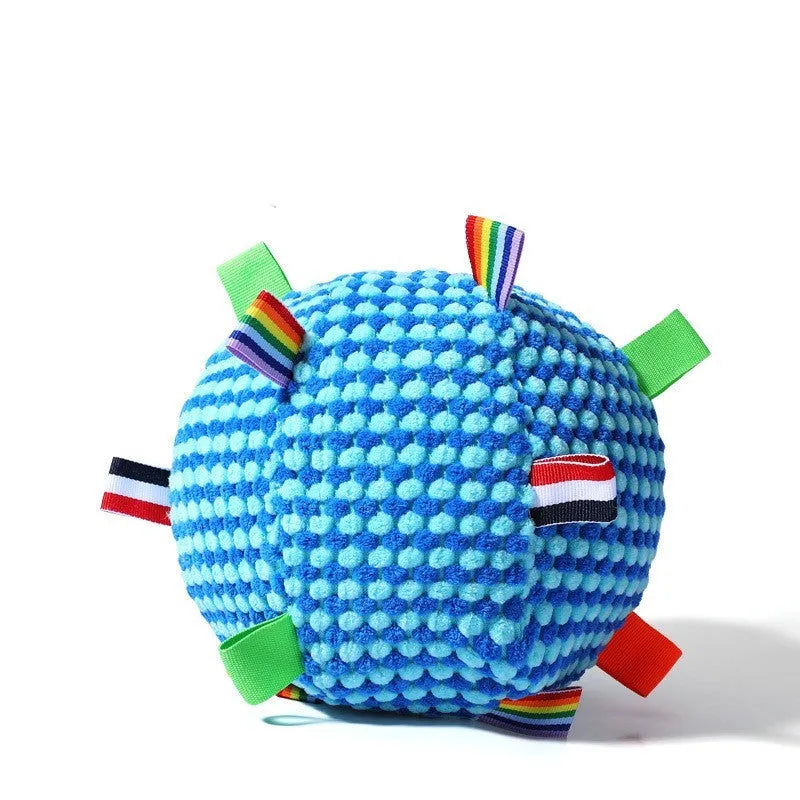 Blue and yellow textured pineapple lattice dog ball toy, 17cm in diameter, for chewing and fetching.