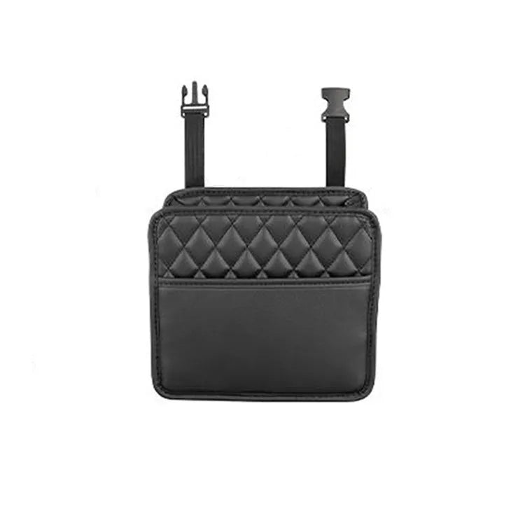 Black leather hanging storage bag for car interior, shown with dimensions 25cm by 25cm.