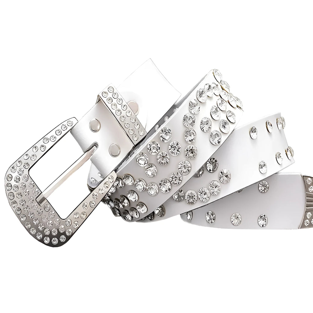 Leather ladies belt with diamond-studded cowhide pin buckle, alloy D-shape buckle, rhinestone mosaic, two-layer cowhide