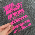 Reflective motorcycle bumper sticker measuring 16cm by 11cm on PET material in fluorescent and reflective colour options.