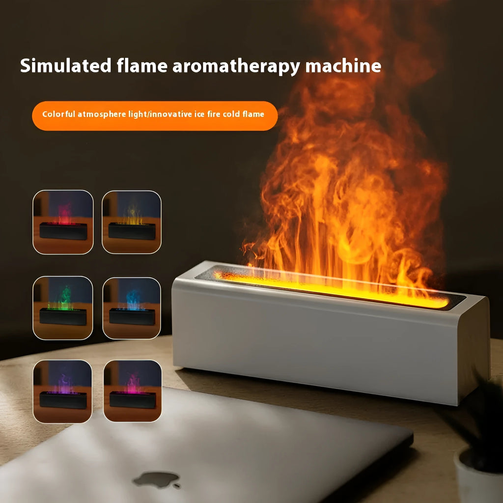 Square black USB aroma diffuser with colourful flame simulation effect and water mist emission