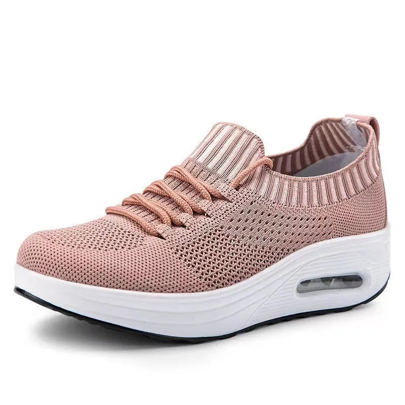Women's mesh low-top air cushion shoes in white with rubber sole, round toe, and flat heel