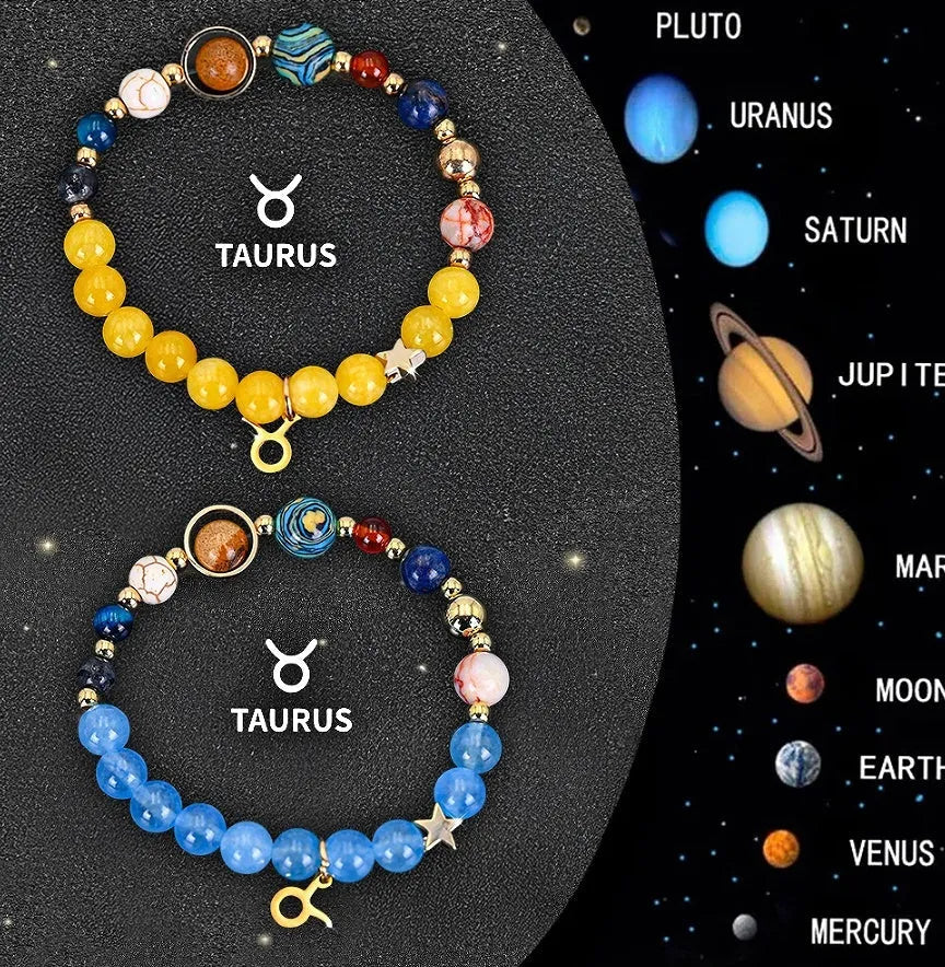 Set of two natural stone beaded bracelets showing zodiac sign designs on a dark background.