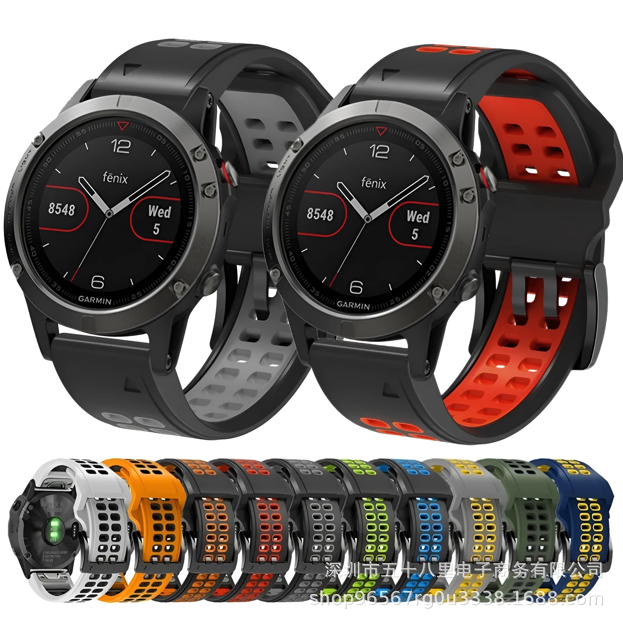 Quick release two-colour silicone watch strap shown in a sporty style with pin buckle