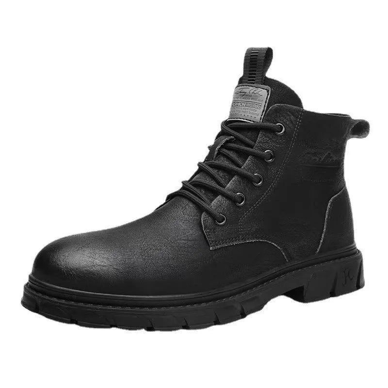 Men's high-top black leather Martin boots with front lacing, square heel, and stitched PU upper