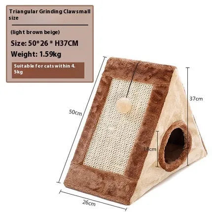Triangular cat scratching toy with sisal surface in grey-white colour option showing perch design
