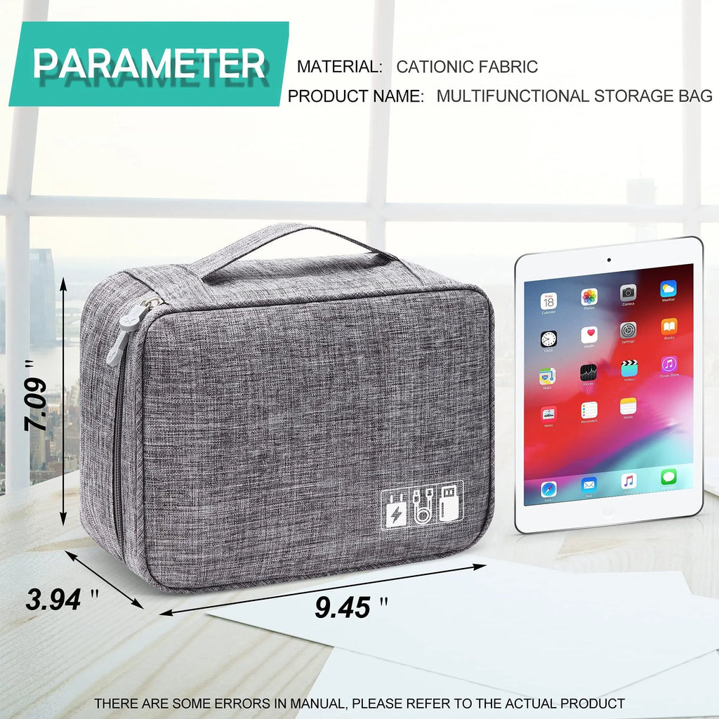 Black or grey waterproof travel cable organiser bag open to show mesh pockets and removable padded dividers.