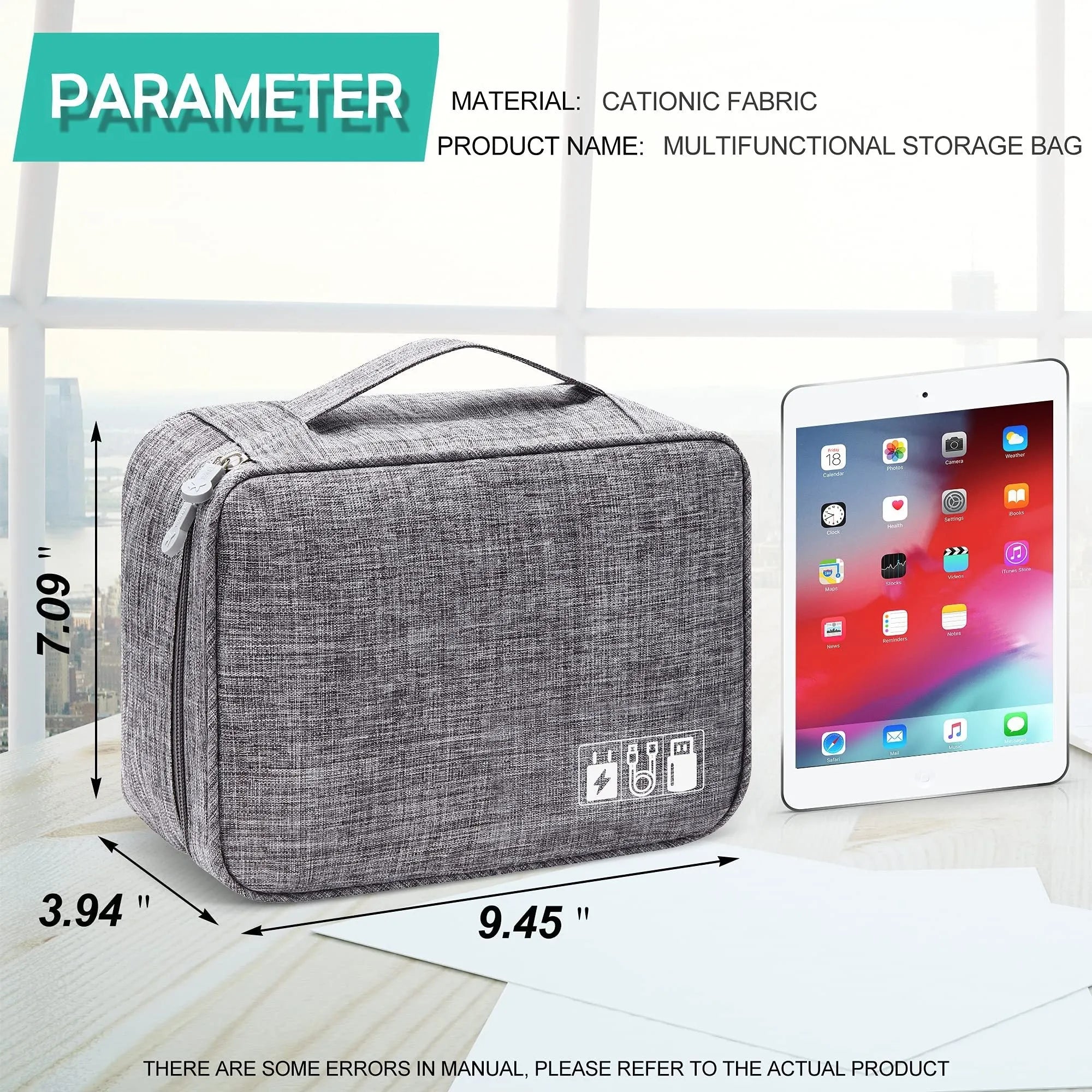 Black or grey waterproof travel cable organiser bag open to show mesh pockets and removable padded dividers.