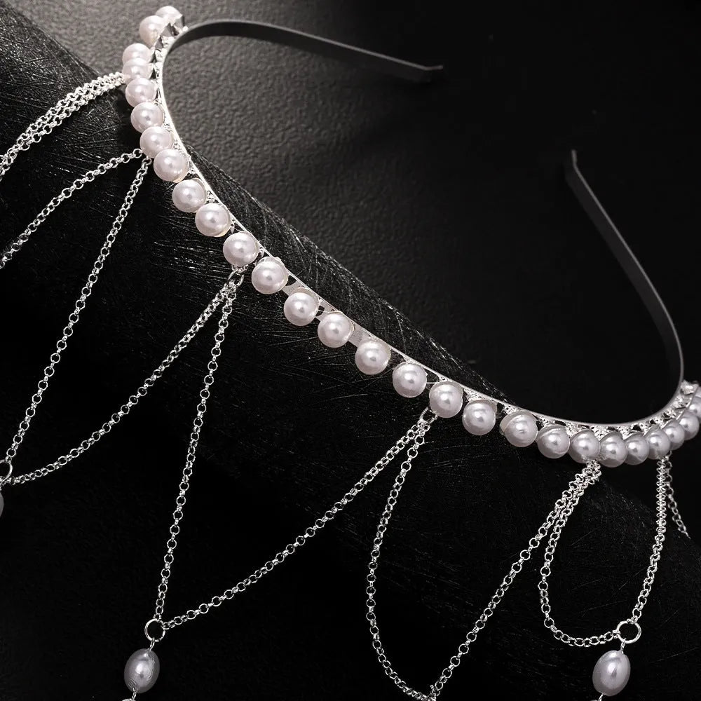Gold or silver electroplated mesh hair chain with pearl tassel decoration for women