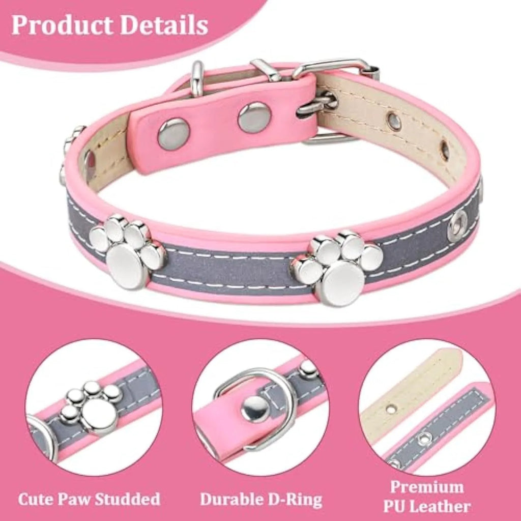 Reflective brown PU leather dog collar with metal buckle and decorative paw-shaped rivet.