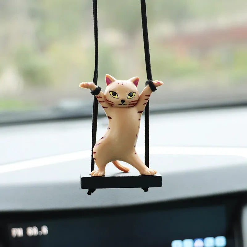 Cartoon-style resin cat pendant on a rope for car interior decoration
