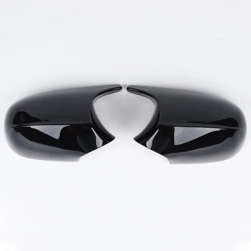 Pair of black ABS rearview mirror shells for BMW 3 Series E90, shown front and back.