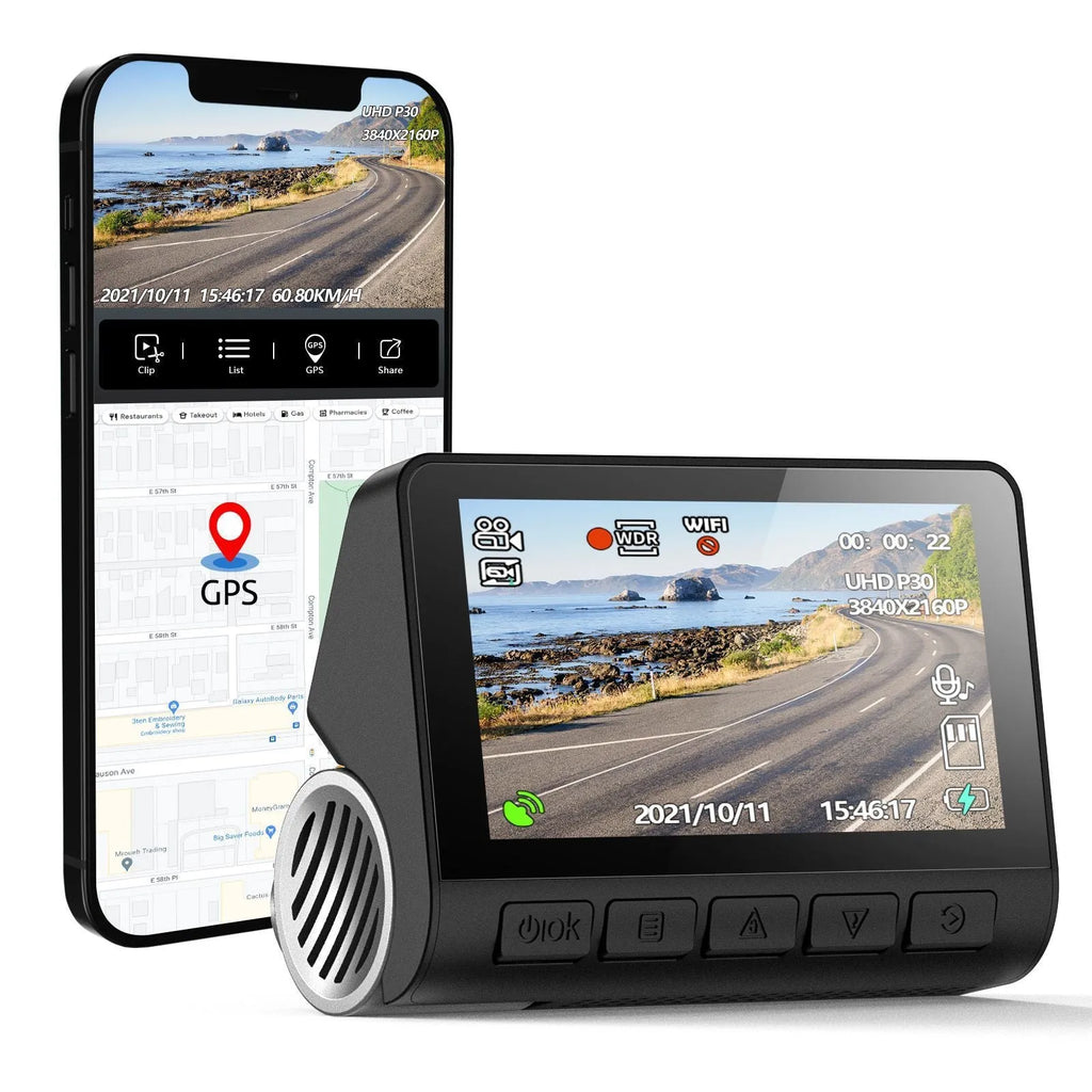 V55 4K UHD night vision car camera in black with lens, mounted on front windshield