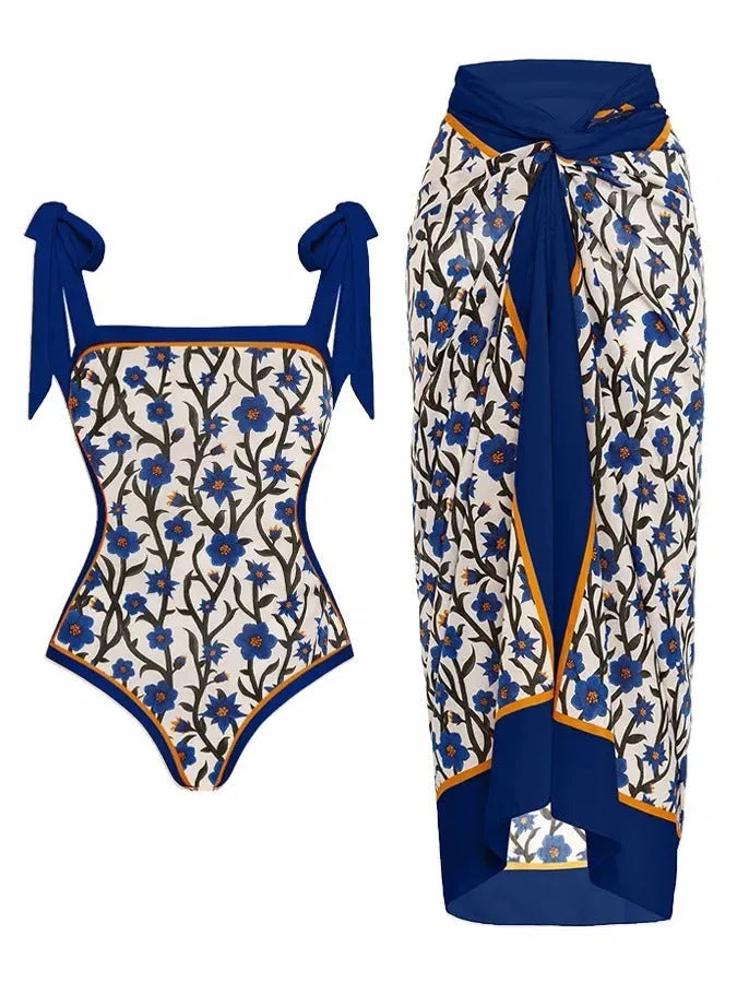 Women's two-piece chiffon swimsuit with positioning printed pattern and hip skirt coverage
