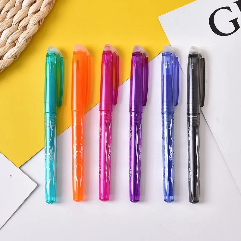 Heat-erasable gel pen set with plastic shells and stainless steel nibs in multiple colours