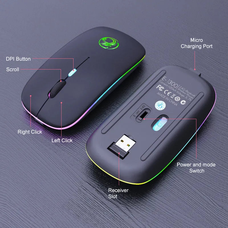 Dual-mode wireless silent mouse with luminous charging indicator in black or white colour options