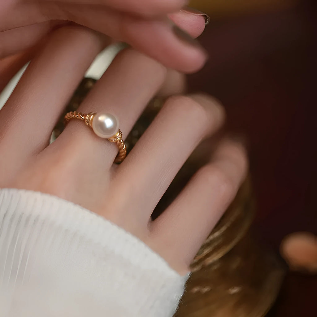 Copper geometric pearl ring with antique twist adjustable sizing