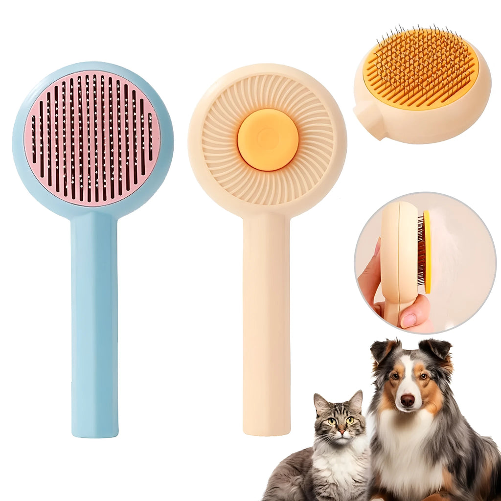 Blue pet grooming brush with self-cleaning button and angled metal needles