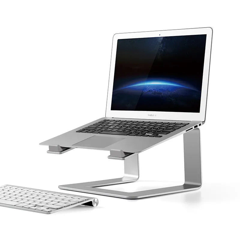 Black aluminium alloy laptop stand with 29.9 cm width on desktop