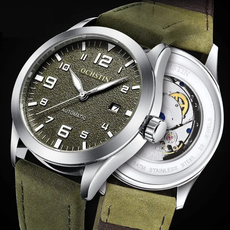 Casual business retro automatic mechanical watch with leather strap and 12mm thickness