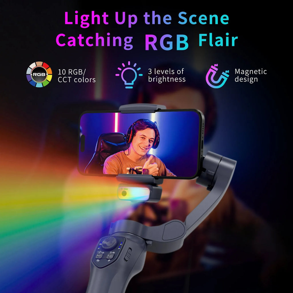Gun colour foldable handheld smartphone gimbal stabiliser with pistol grip in collapsed position