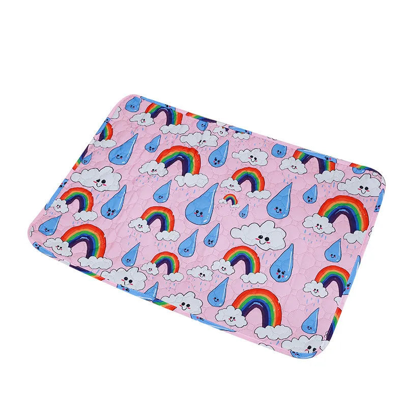 Reusable waterproof pet training pad in animal print design on a wooden floor.